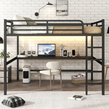 Metal Queen Size Loft Bed with Power Outlet and LED Lighted, Space-Saving, Noise Reduced, Black image 2