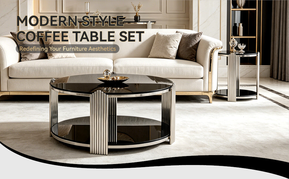 16.90 Inch Modern End Table, Bedside Table,Double-Layer Tempered Black Glass & Silver Stainless Steel Frame Living Room Table, Round Table,Easy Assembly. image 9