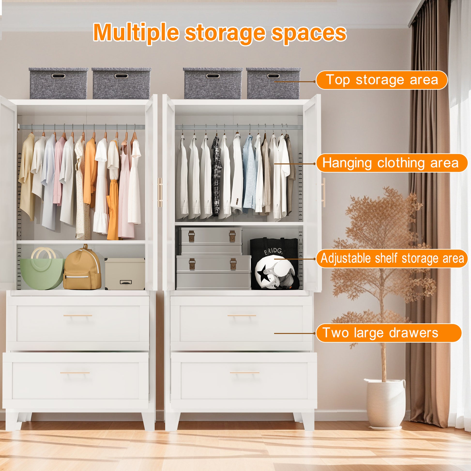 71" Tall Metal Wardrobe Cabinet with 2 Drawers and Hanging Rod, 2 Doors Wardrobe Closet with Shelf for Bedroom, Office, Laundry Room,Entryway,Foyer,Guesthouse (White) image 3