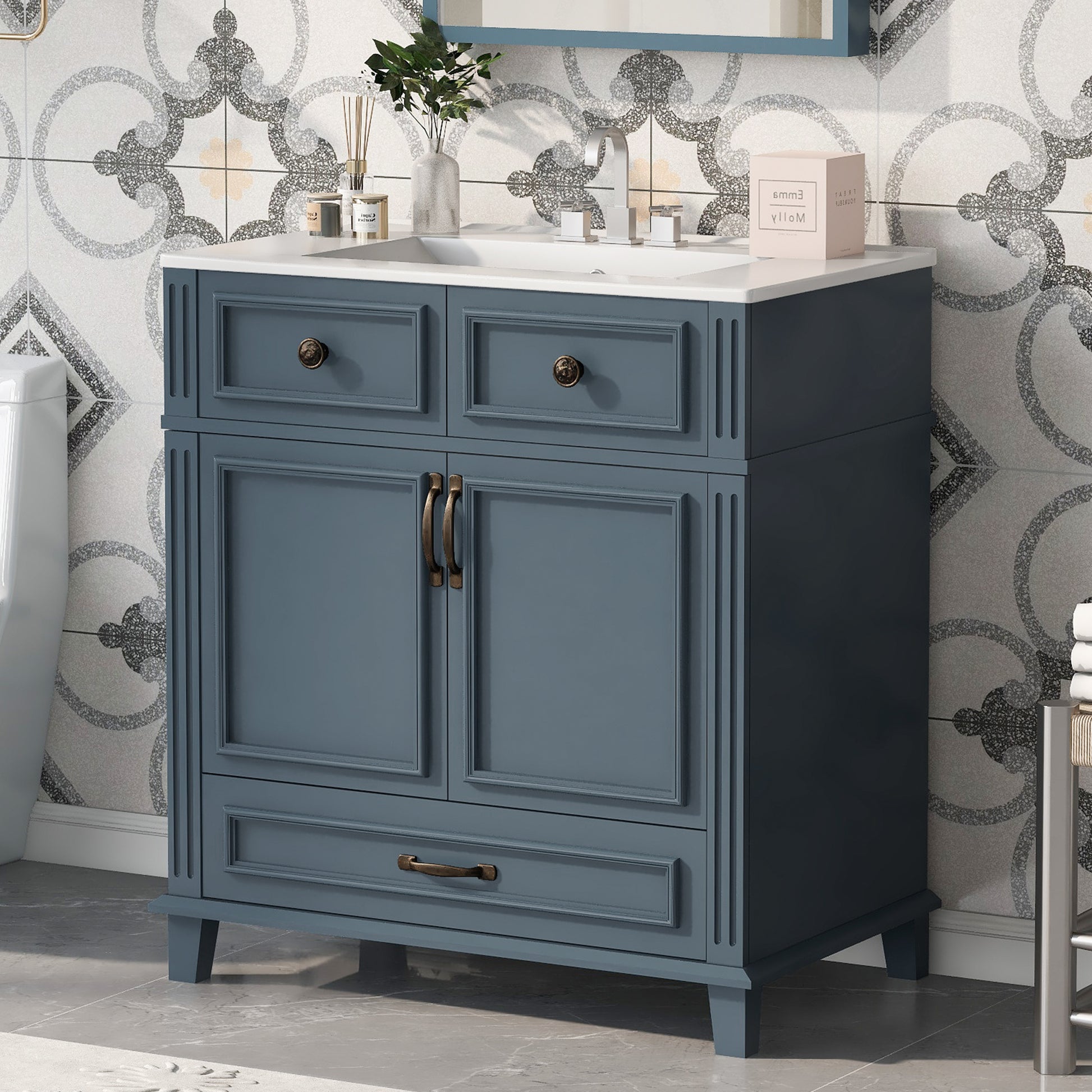 30'' Bathroom Vanity with Ceramic Sink,Solid Wood Frame Bathroom Storage Cabinet with Soft Closing Doors,Retro Style, Blue image 1