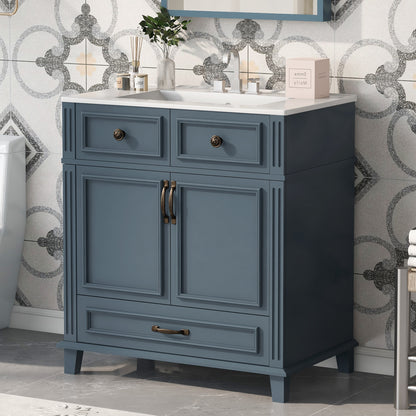 30'' Bathroom Vanity with Ceramic Sink,Solid Wood Frame Bathroom Storage Cabinet with Soft Closing Doors,Retro Style, Blue image 1