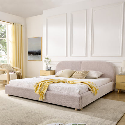 King Size Upholstered Bed Frame, Modern Minimalist Style with Tall Curved Headboard, Premium Circle Yarn Fabric & Sturdy Leg Support, Mattress Not Included-Pink image 1