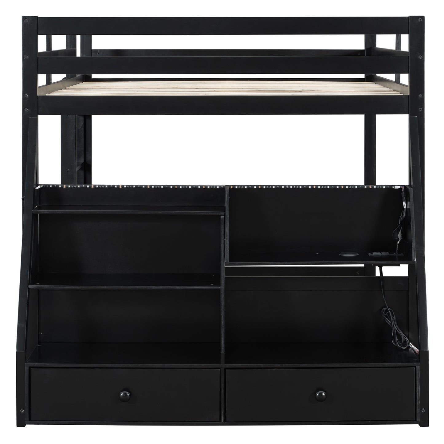 Full Bunk Bed with APP-Controlled LED Lights (7 Colors), USB Ports, Storage Shelves and 2 Drawers, Black image 6