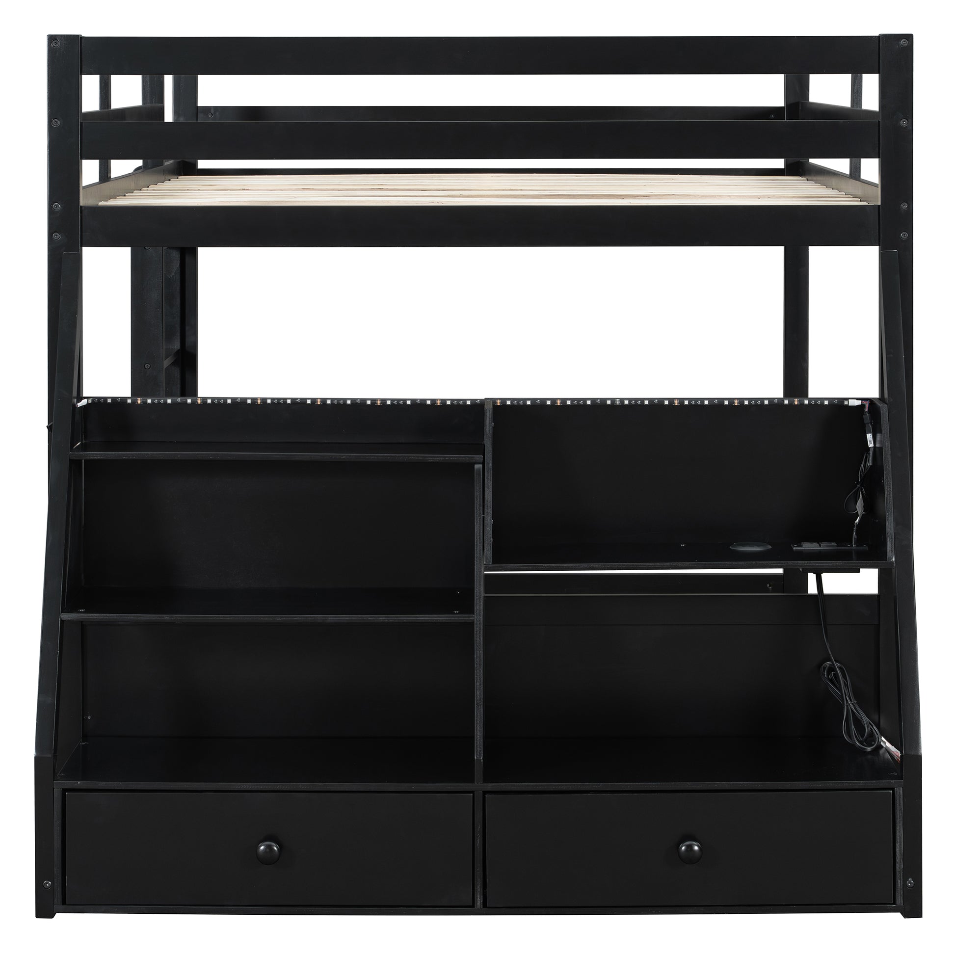 Full Bunk Bed with APP-Controlled LED Lights (7 Colors), USB Ports, Storage Shelves and 2 Drawers, Black image 6
