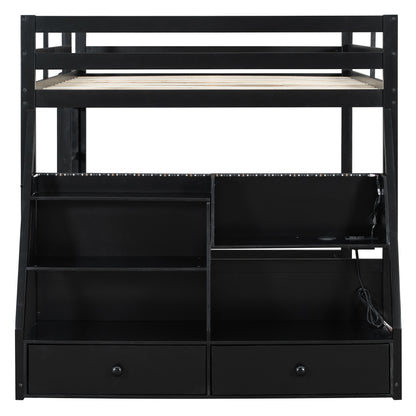 Full Bunk Bed with APP-Controlled LED Lights (7 Colors), USB Ports, Storage Shelves and 2 Drawers, Black image 6