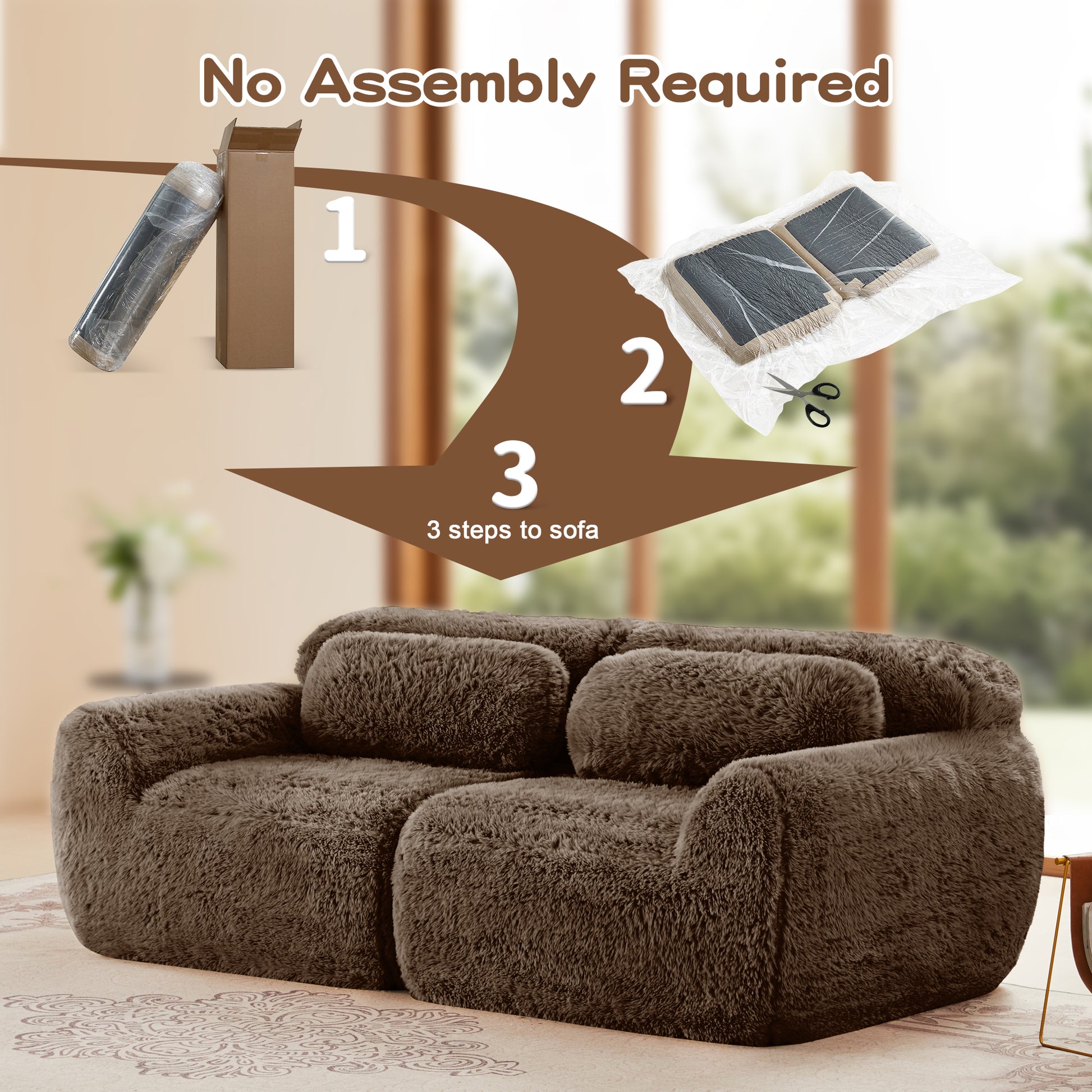 2-seater Modular Sectional Sofa Couches,Soft Fluffy Plush Fabric Bottom Anti-Slip Design,32D High Density Sponge,No Assembly Required Ergonomic Design,With Throw Pillows Fits Living Rooms,Chocolate image 9