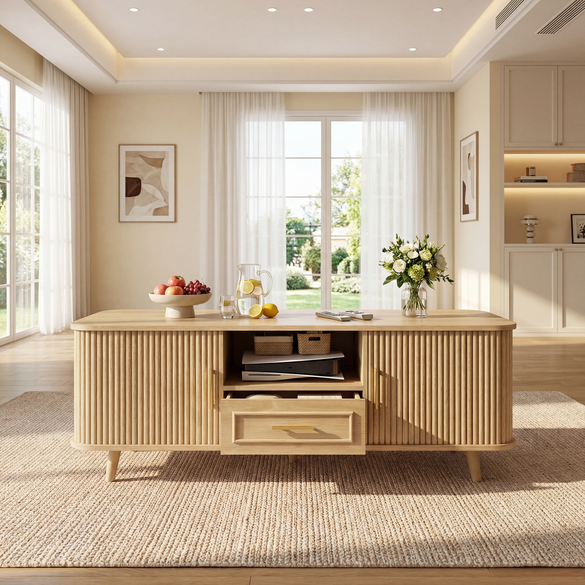 Mid-Century Modern Coffee Table with Storage: Natural Wood Finish, 2 Doors & 1 Drawer, For Living Room, Entertainment Center, Home Theater image 4