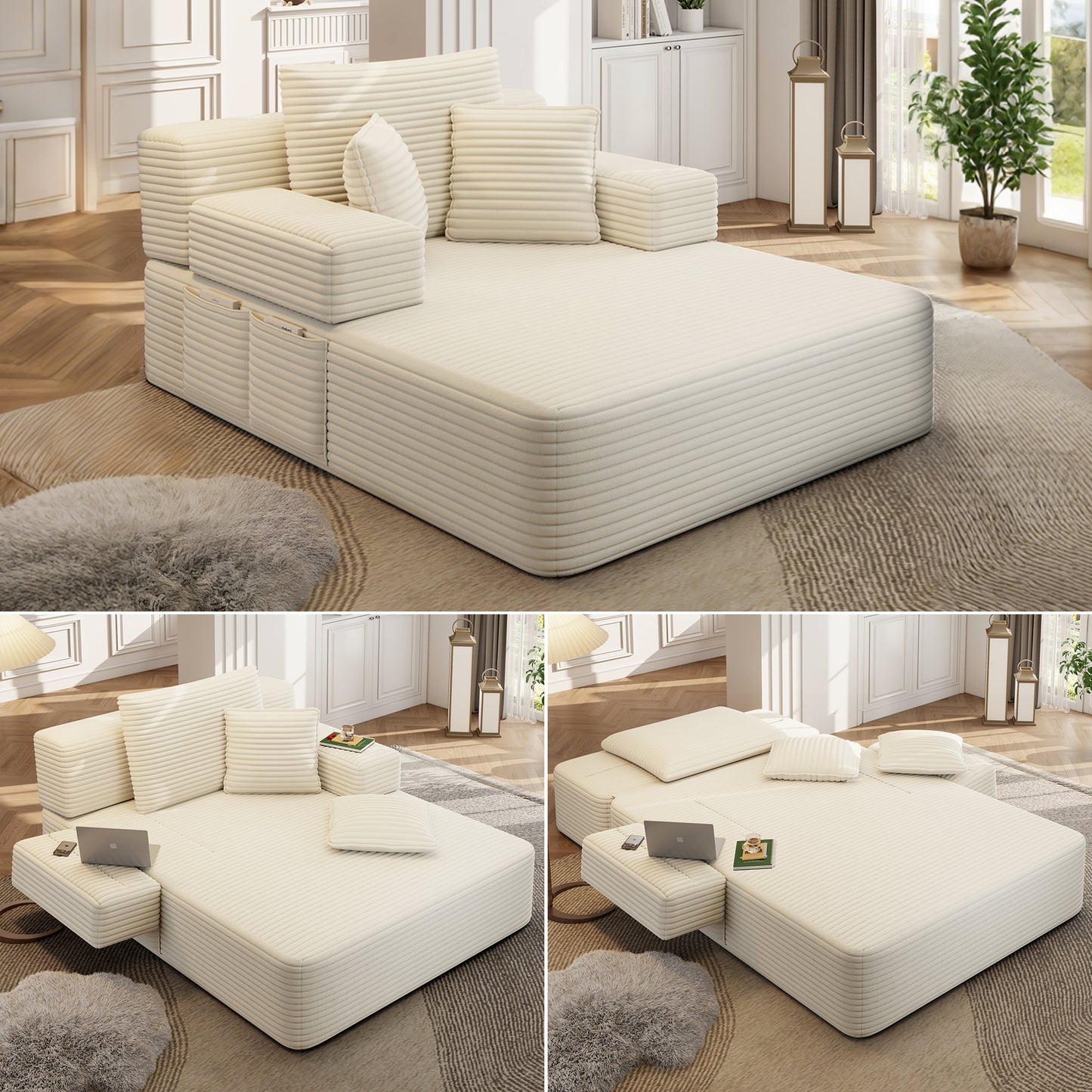 Luxurious Plush Corduroy Chaise Lounge with 3 Pillows, Convertible Sofa Bed with Storage Pocket, Frameless Design & Compression Foam for Small Spaces, Living Room, Apartment,Beige&White image 1