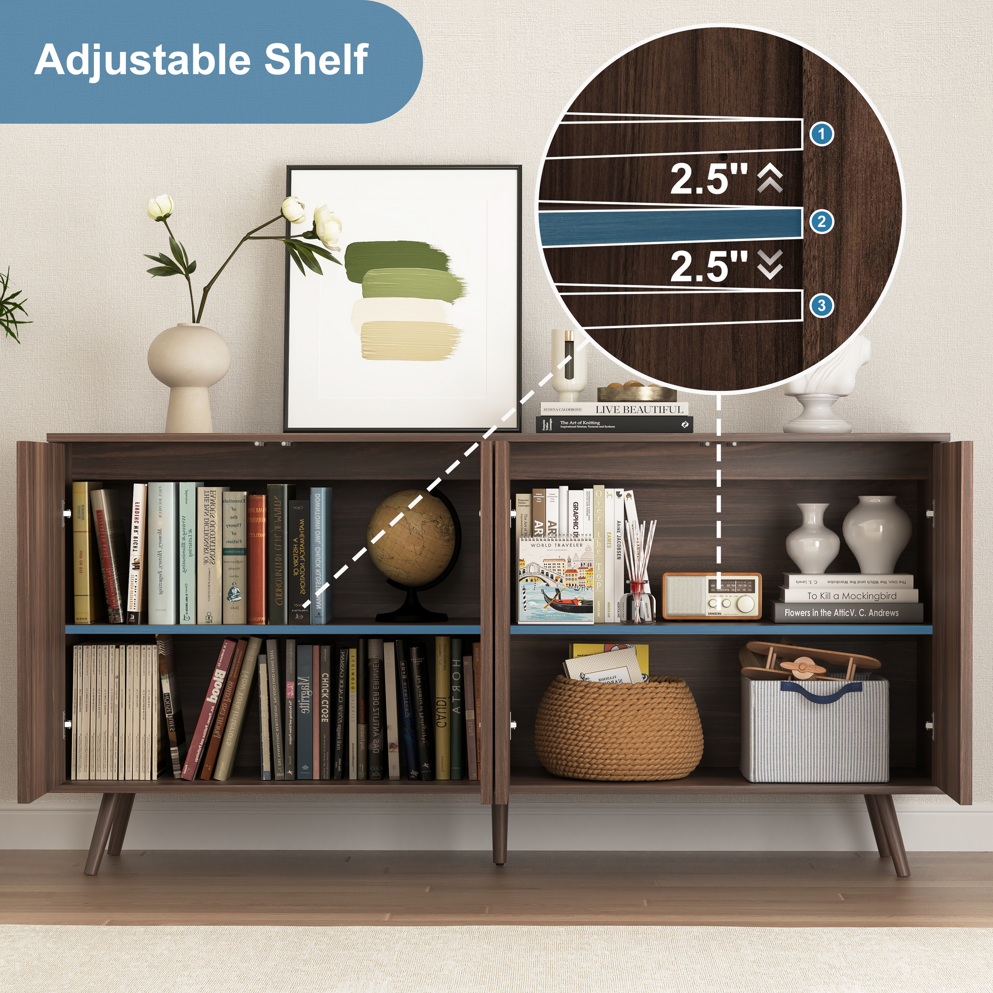 Sideboard Buffet Cabinet with Storage, Long Sideboard Storage Cabinet with 4 Doors, Wood Credenza Console Coffee Bar Cabinets with Adjustable Shelves for Living Room Kitchen Dining Room Walnut image 3
