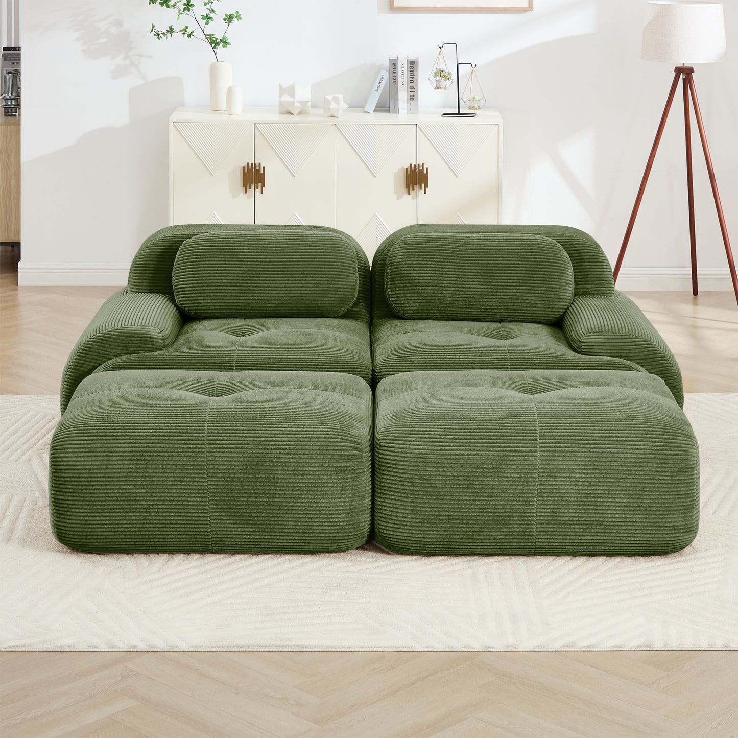 2-seat sofa in luxuryCorduroy Fabric fabric modular multi-combination anti-slip design assembly chaise lounge curved armrests ergonomic support high-resilience sponge living rooms bedrooms,Olive green image 3