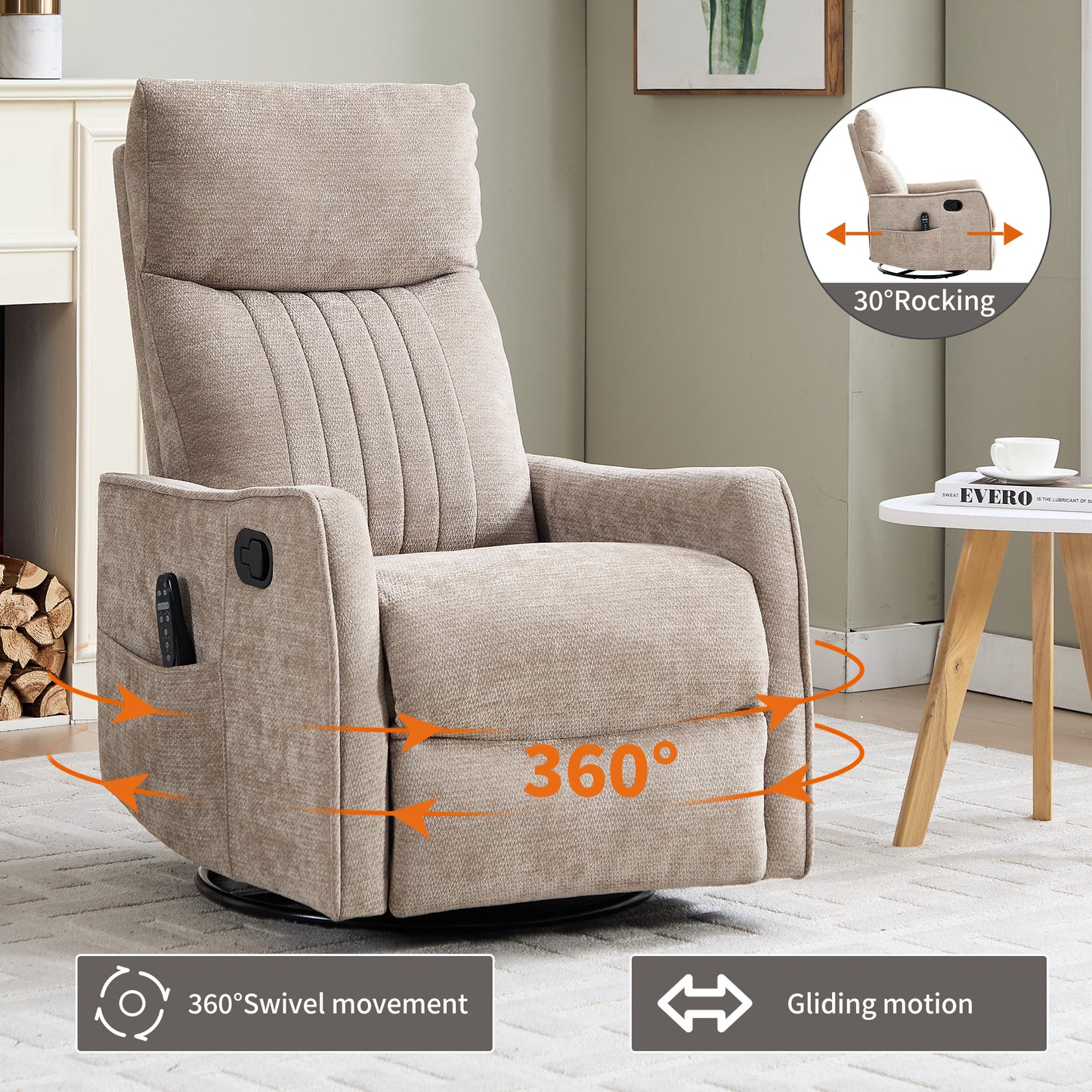 Khaki Heat Massage Manual Recliner Chair with Rocker and Swivel in Fabric for Living Room image 4