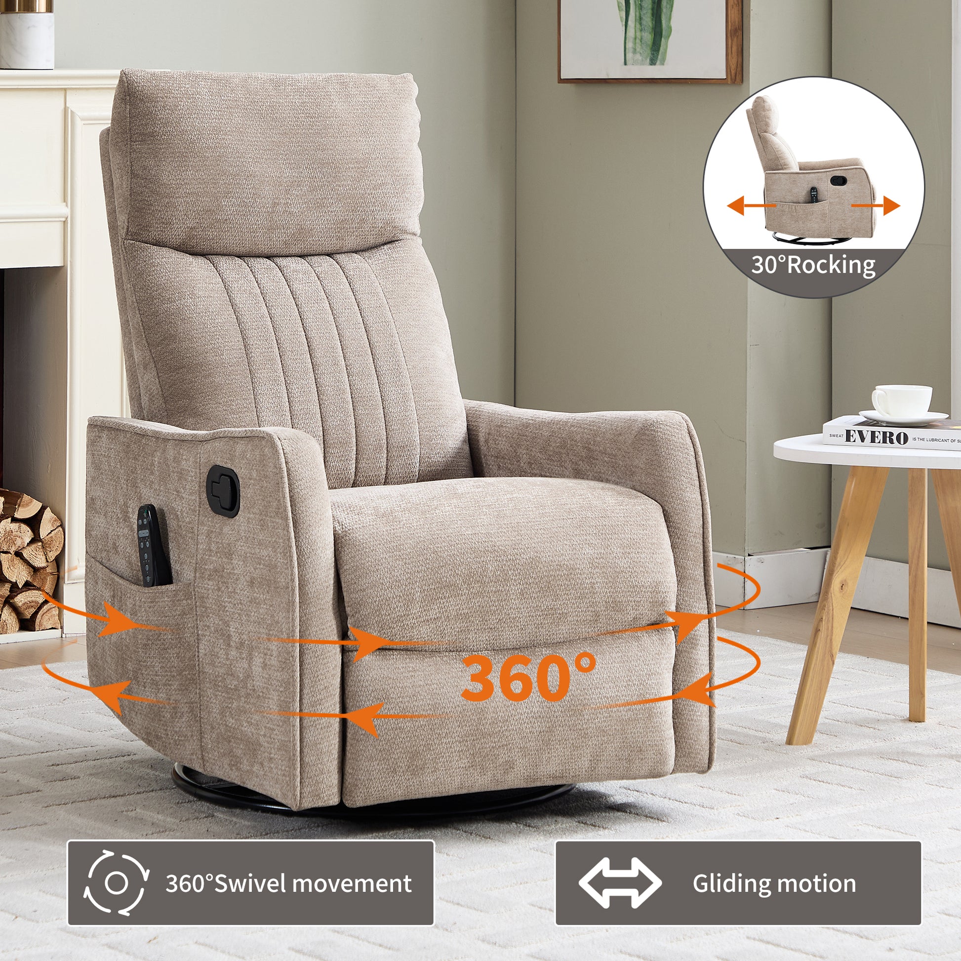 Khaki Heat Massage Manual Recliner Chair with Rocker and Swivel in Fabric for Living Room image 4