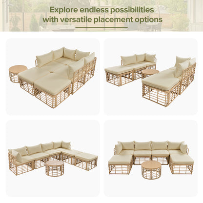 GO 7 Pieces Outdoor Patio Furniture, All-Weather Rattan Sectional Sofa Set with Thick Cushions and Pillows, Freely Combined Conversation Sets for Garden, Backyard, Balcony, Brown image 5