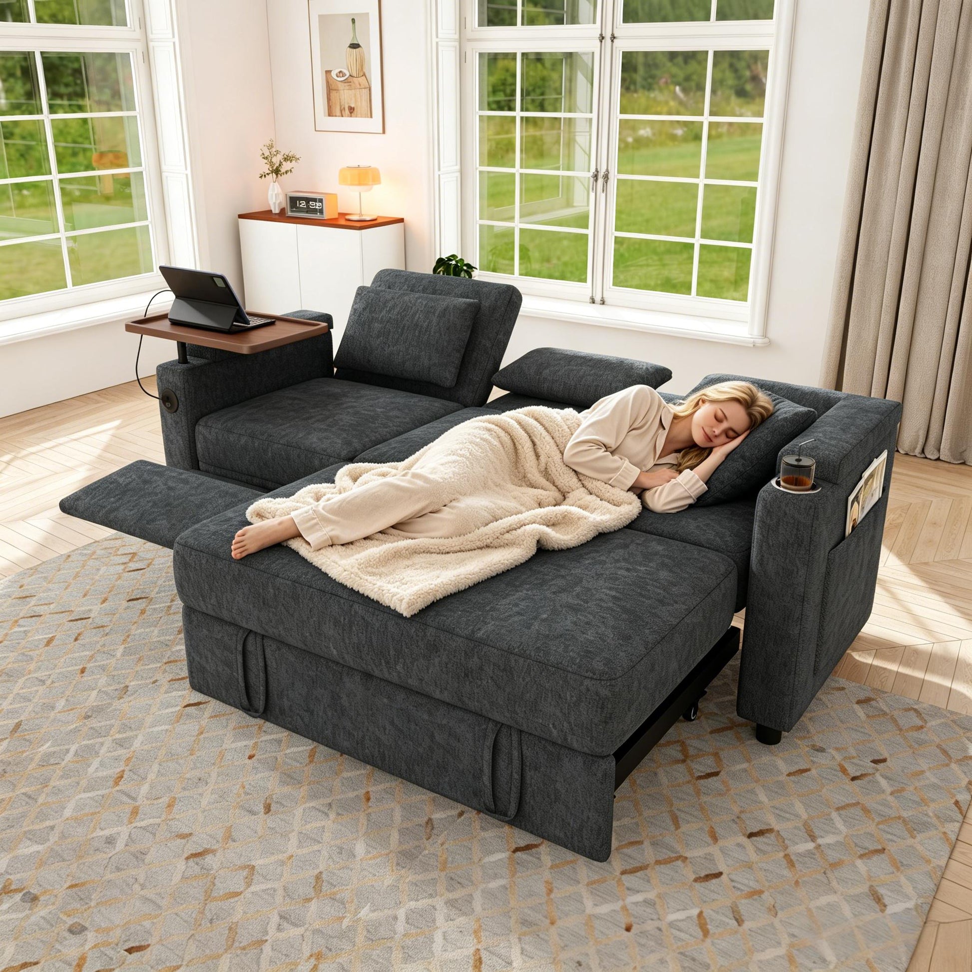 81-inch 3-in-1 foldable three-person sofa bed with a table board and USB ports, armrests with storage function. High-quality chenille three-person sofa. The sofa bed features adjustable backrest and p image 2