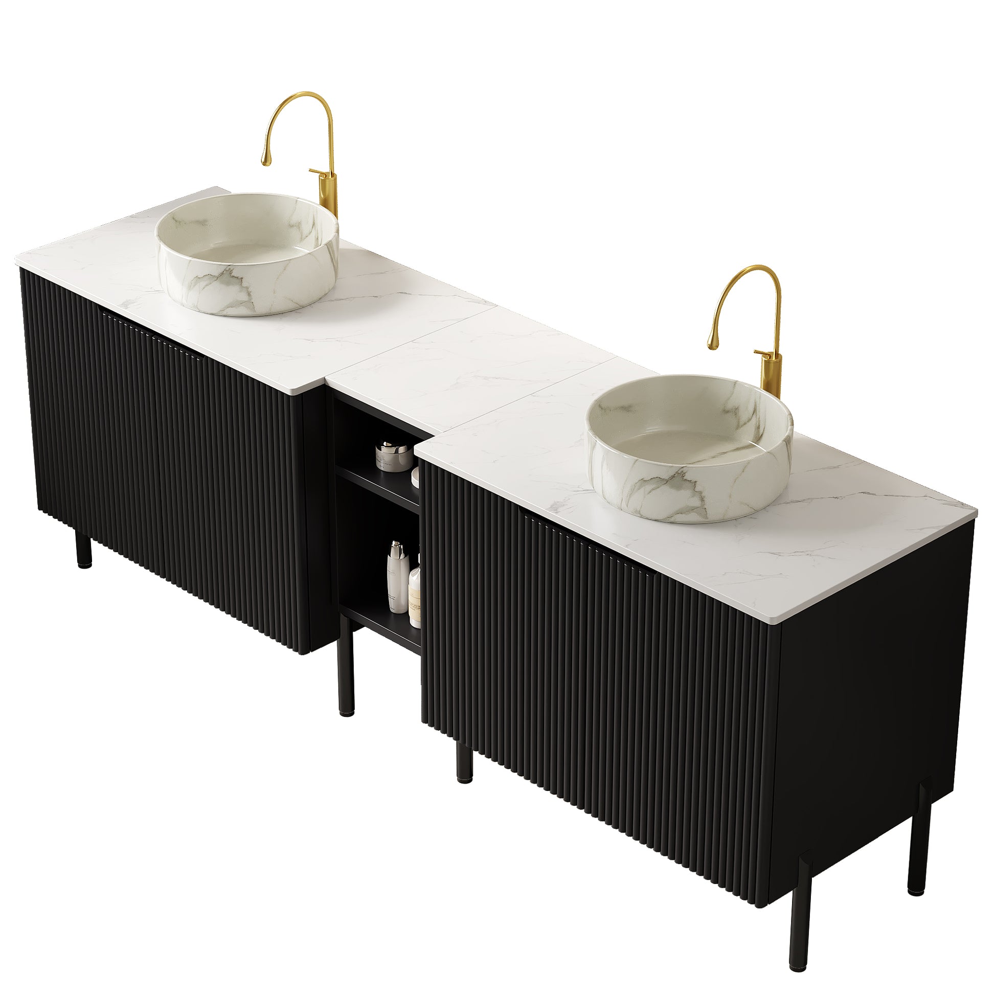 TURIO 72" Freestanding Double Bathroom Vanity with Sinks, 2x30" Striped Storage Cabinets + 12" Removable Open Shelf, 2 White Round Stone Pattern Vessel Basins with Carrara White Countertop, Black image 4