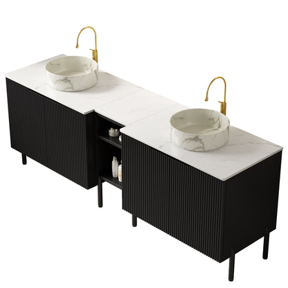 TURIO 72" Freestanding Double Bathroom Vanity with Sinks, 2x30" Striped Storage Cabinets + 12" Removable Open Shelf, 2 White Round Stone Pattern Vessel Basins with Carrara White Countertop, Black image 4