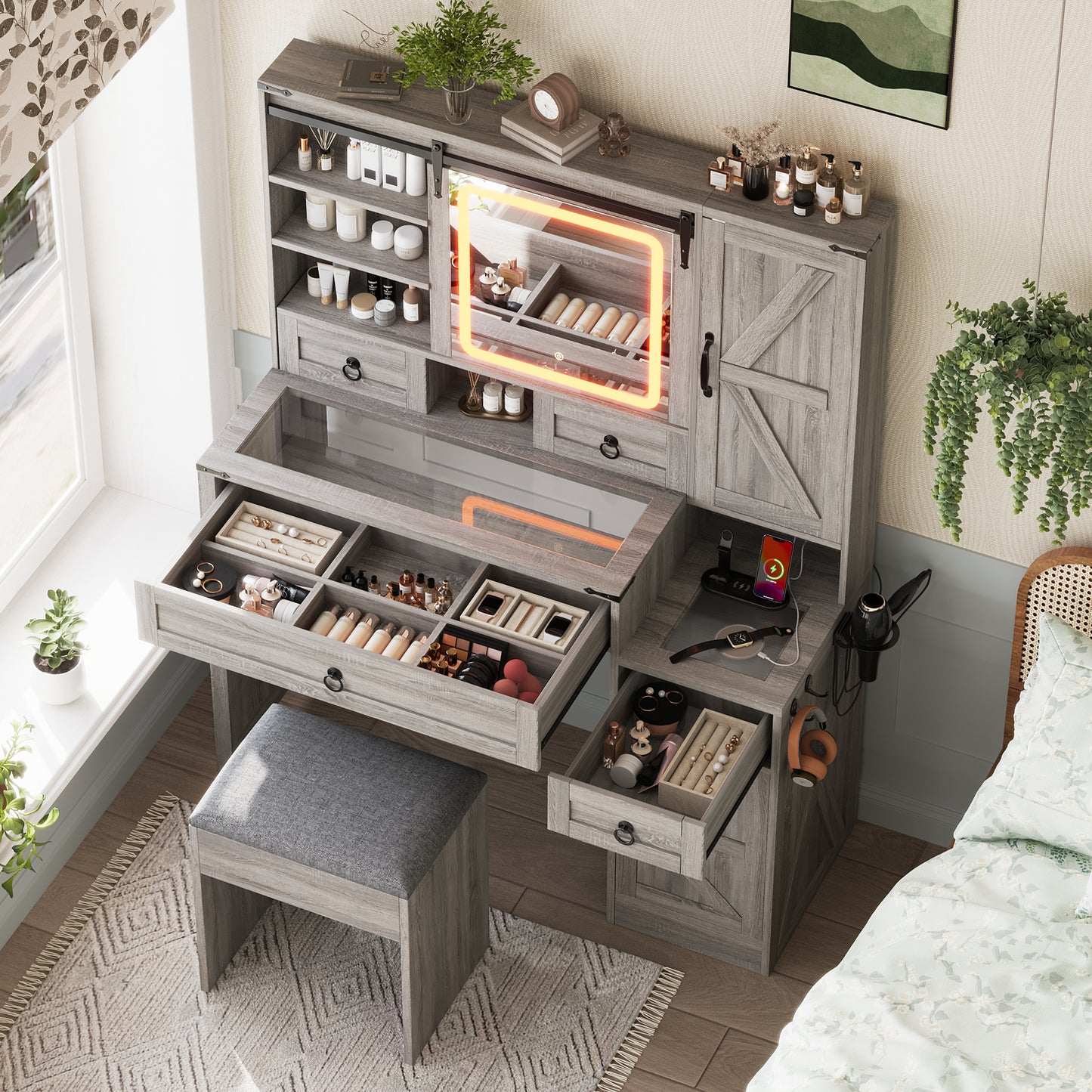 Farmhouse Vanity Desk with Sliding Mirror and Lights, Vanity Set with Glass Top and Charging Station,Dressing Table with 4 Drawers and 2 Cabinets, Dressing Table with Stool for Bedroom, Gray image 2