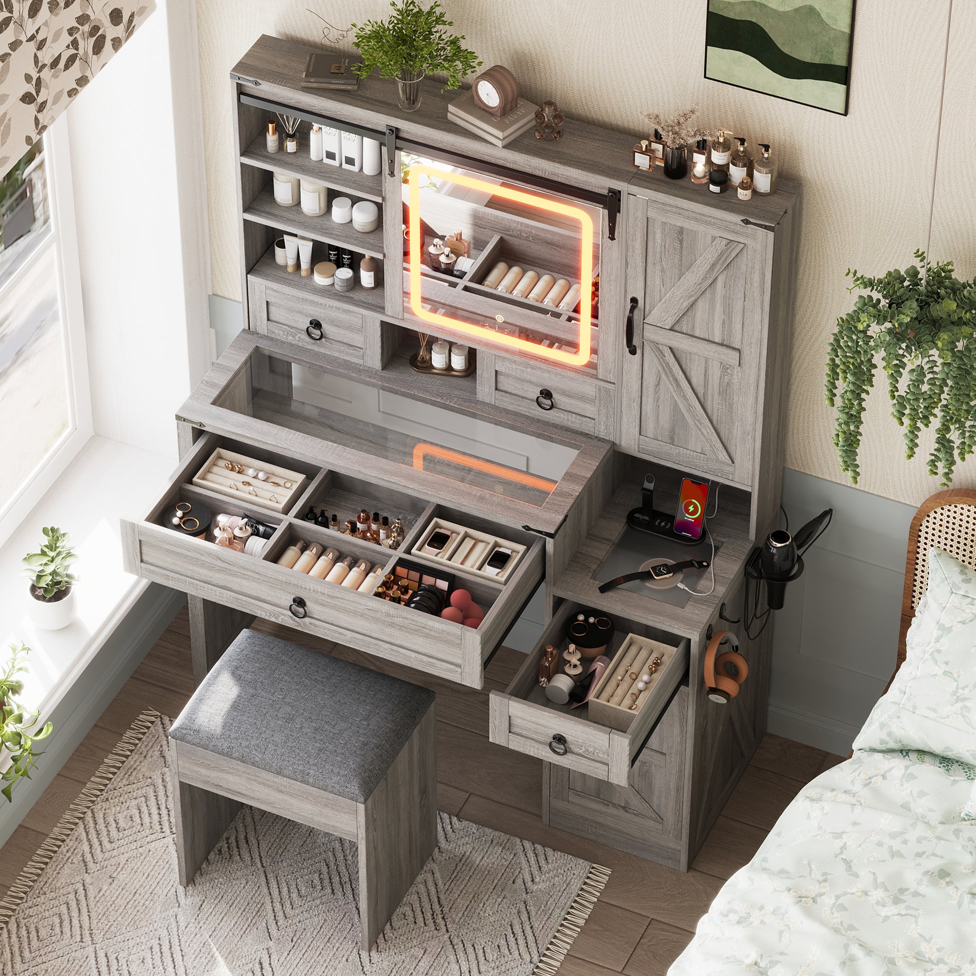 Farmhouse Vanity Desk with Sliding Mirror and Lights, Vanity Set with Glass Top and Charging Station,Dressing Table with 4 Drawers and 2 Cabinets, Dressing Table with Stool for Bedroom, Gray image 2