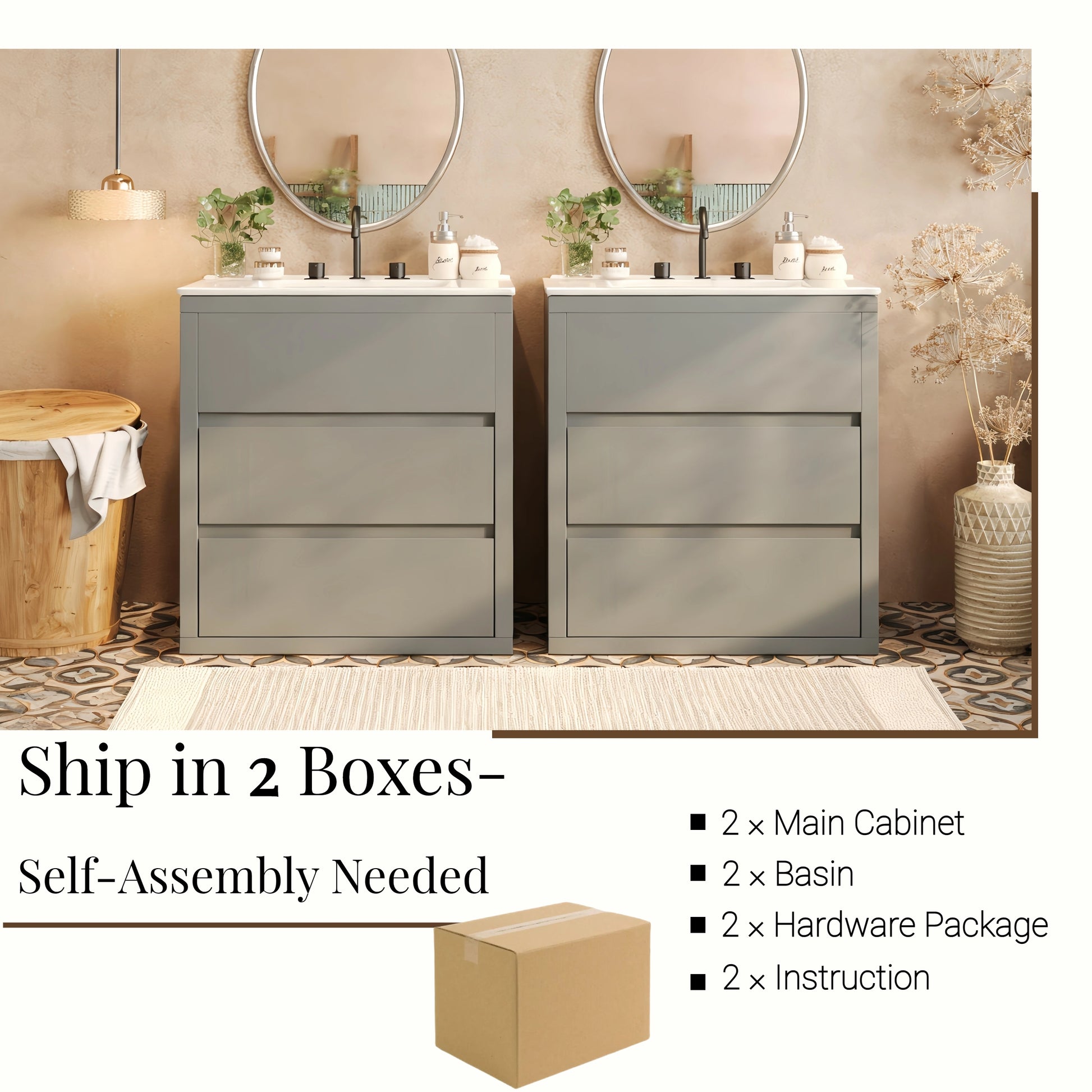 60" Double Sinks Bathroom Vanity Set, Bathroom Cabinet with Two Separate Ceramic Sinks, Full-Extension Drawers & Soft Close Undermount Drawer Slides, Gray image 5
