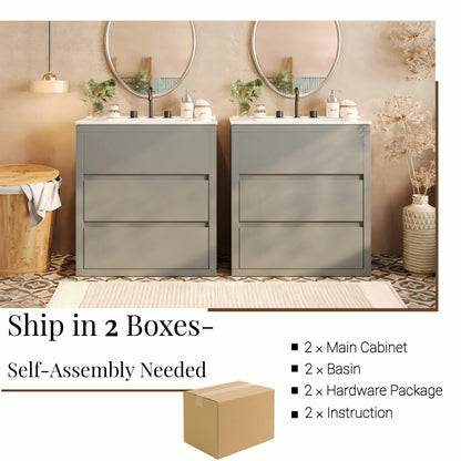 60" Double Sinks Bathroom Vanity Set, Bathroom Cabinet with Two Separate Ceramic Sinks, Full-Extension Drawers & Soft Close Undermount Drawer Slides, Gray image 5