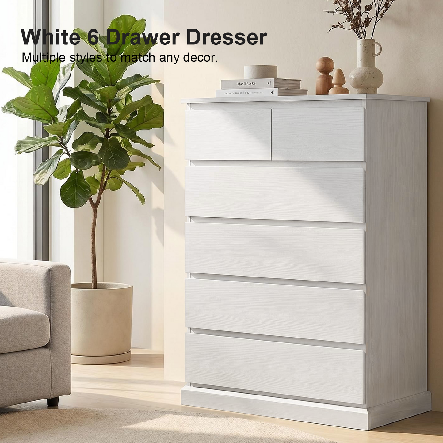 6 Drawers Dresser for Bedroom, Tall Dresser for Bedroom, Modern Chest of Drawers with Concealed Handles, Vertical Wood Storage Cabinet for Bedroom, Living Room, Entryway, White image 2