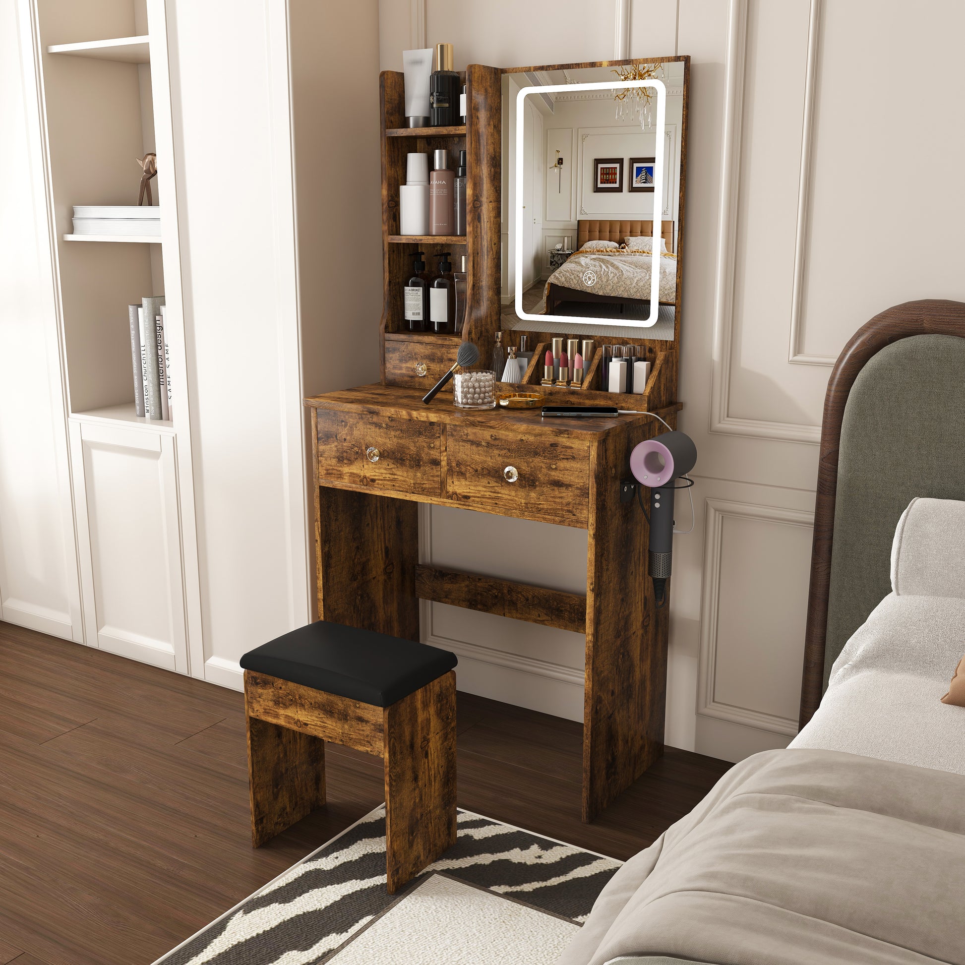 Modern small Vanity Desk,featuring 3 modes of LED lighting with adjustable brightness, 3 drawers and multiple open storage shelves, a hair dryer holder and power socket, and a dressing chair. brown image 2