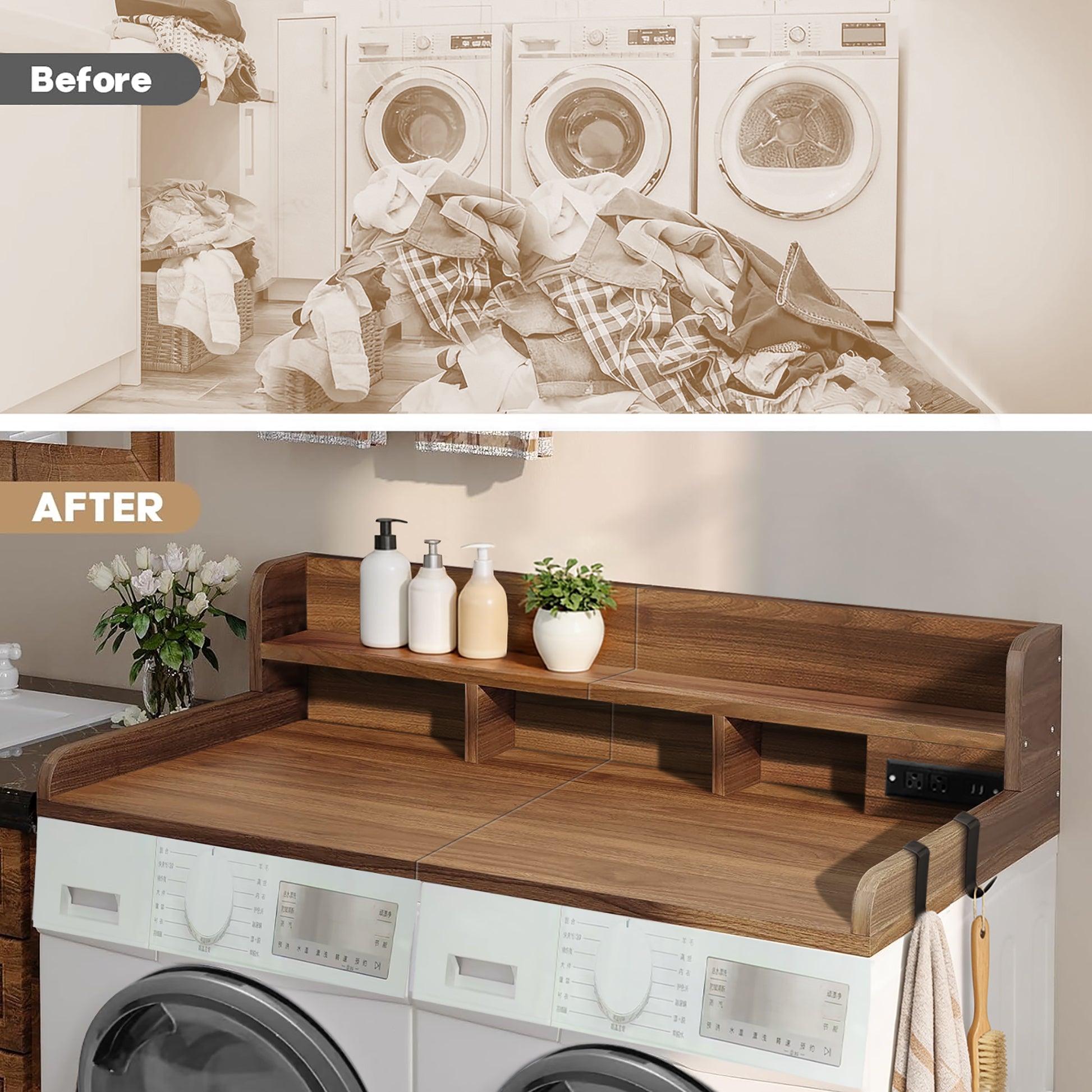 2-Tier Washer and Dryer Countertop with Power Outlet, 54" W x 27.5" D Large Laundry Countertop for Fold Clothes, Laundry Topper with Non-Slip Pads & Hooks and Storage Basket (Walnut Color) image 5
