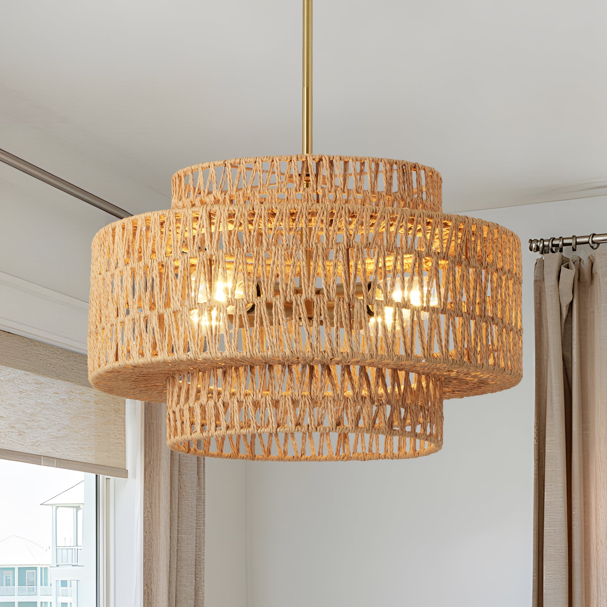 17.7" Boho Rattan Chandelier for Dining Room Light Fixture, 5-Light Hand Woven Wicker Pendant Light Fixture, Farmhouse Rustic Hanging Chandelier for Dining Room, Kitchen Island, Living, Bedroom image 1