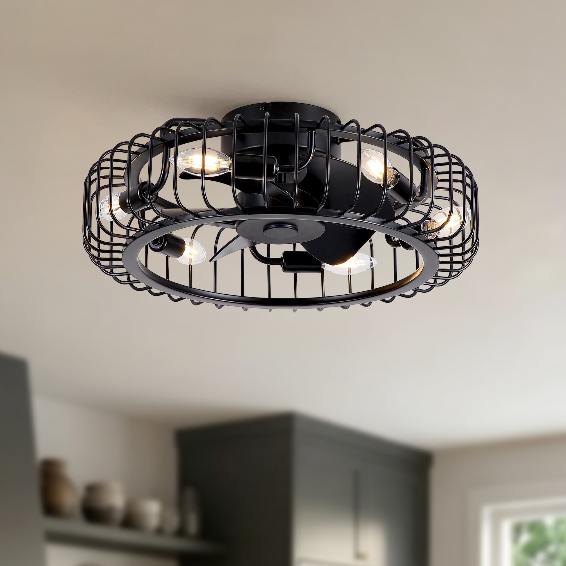 20" Black Industrial Flush Mount Ceiling Fan with Lights, Low Profile Fandelier with E12 Sockets, Reversible DC Motor, 6 Speeds, Quiet Ceiling Fan for Bedroom Kitchen Dining Room Farmhouse image 1