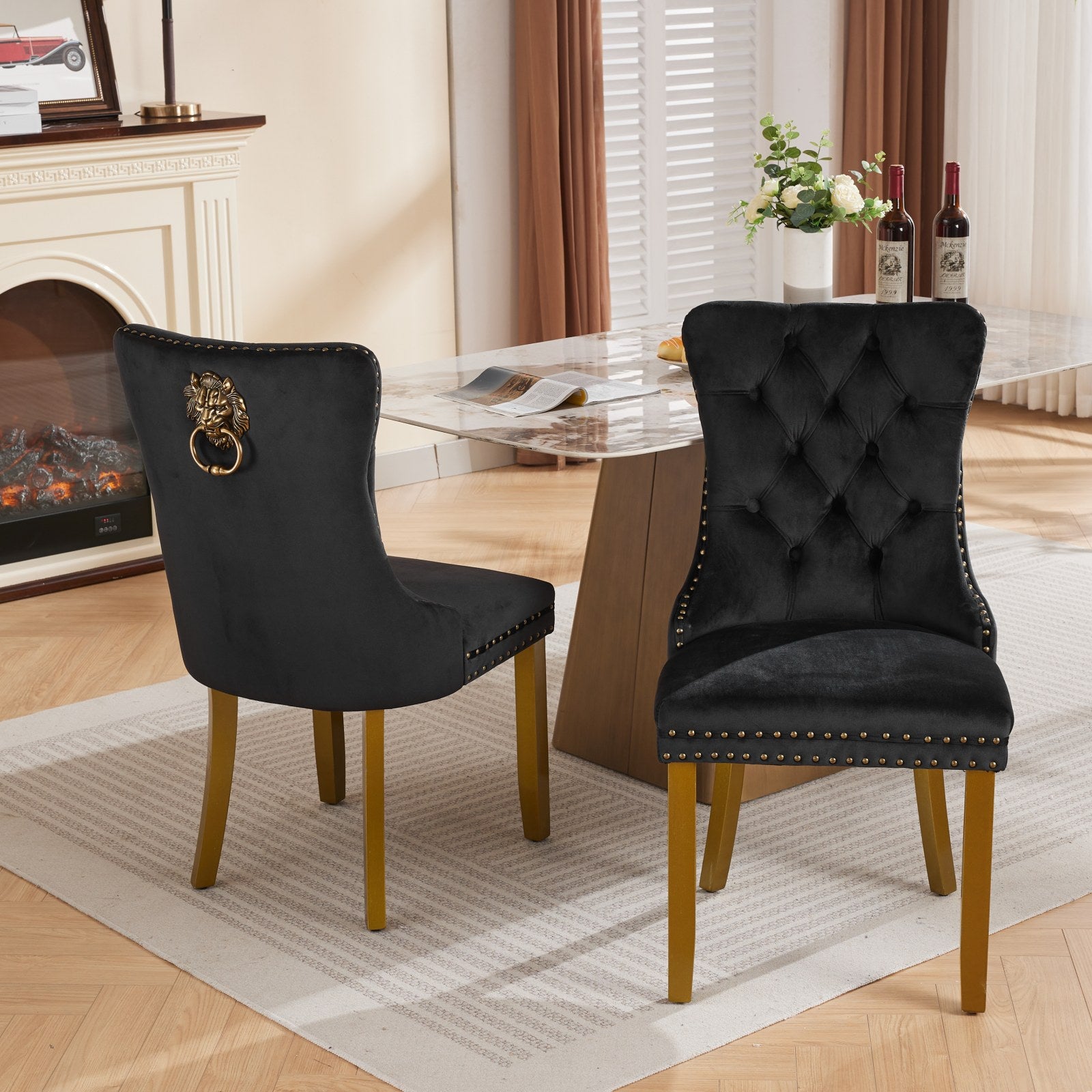 Mid-Century Modern Chairs with Lion Head Pull Ring,High-end Tufted Solid Wood Contemporary Velvet Upholstered Dining Chair with Golden Wooden Legs Nailhead Trim 2-Pcs Set,Black,SW1201BK image 1