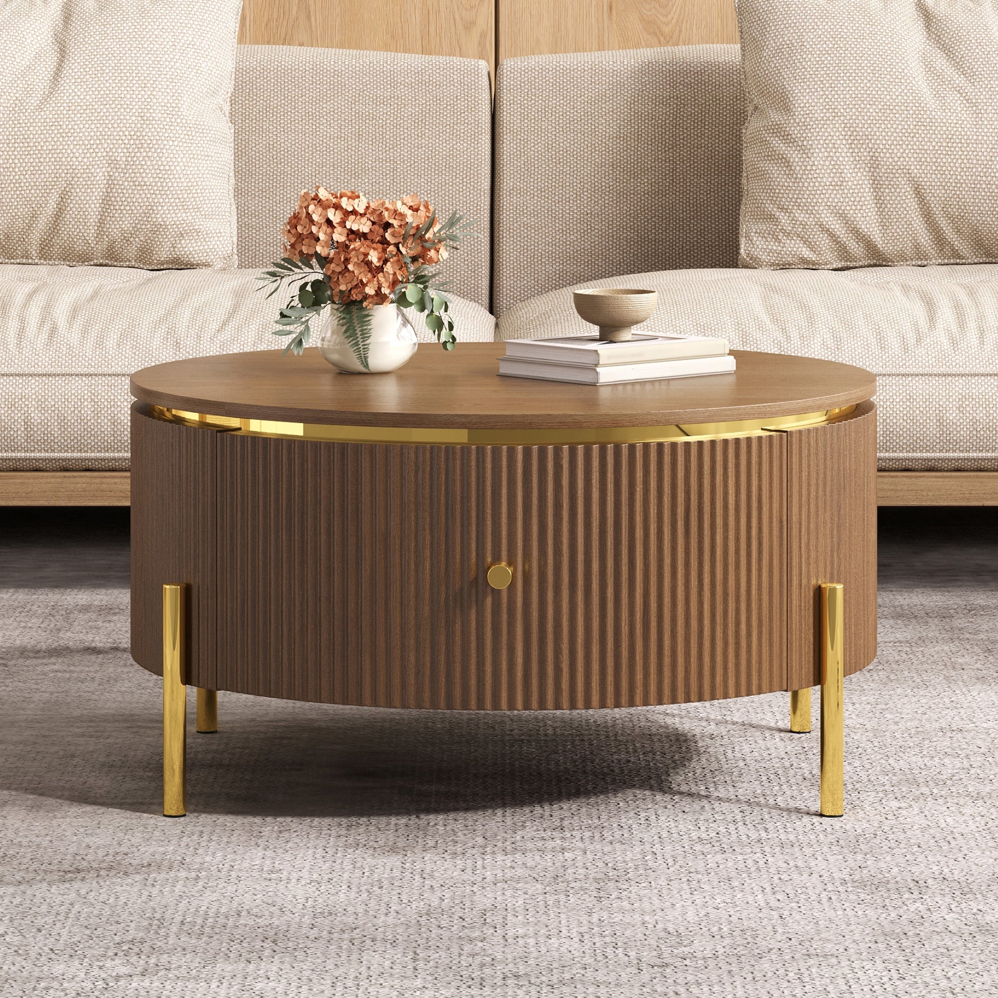Modern Round Coffee Table with 2 large Drawers Storage Accent Table, Brown, 31.5" image 1