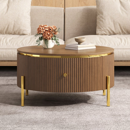 Modern Round Coffee Table with 2 large Drawers Storage Accent Table, Brown, 31.5" image 1
