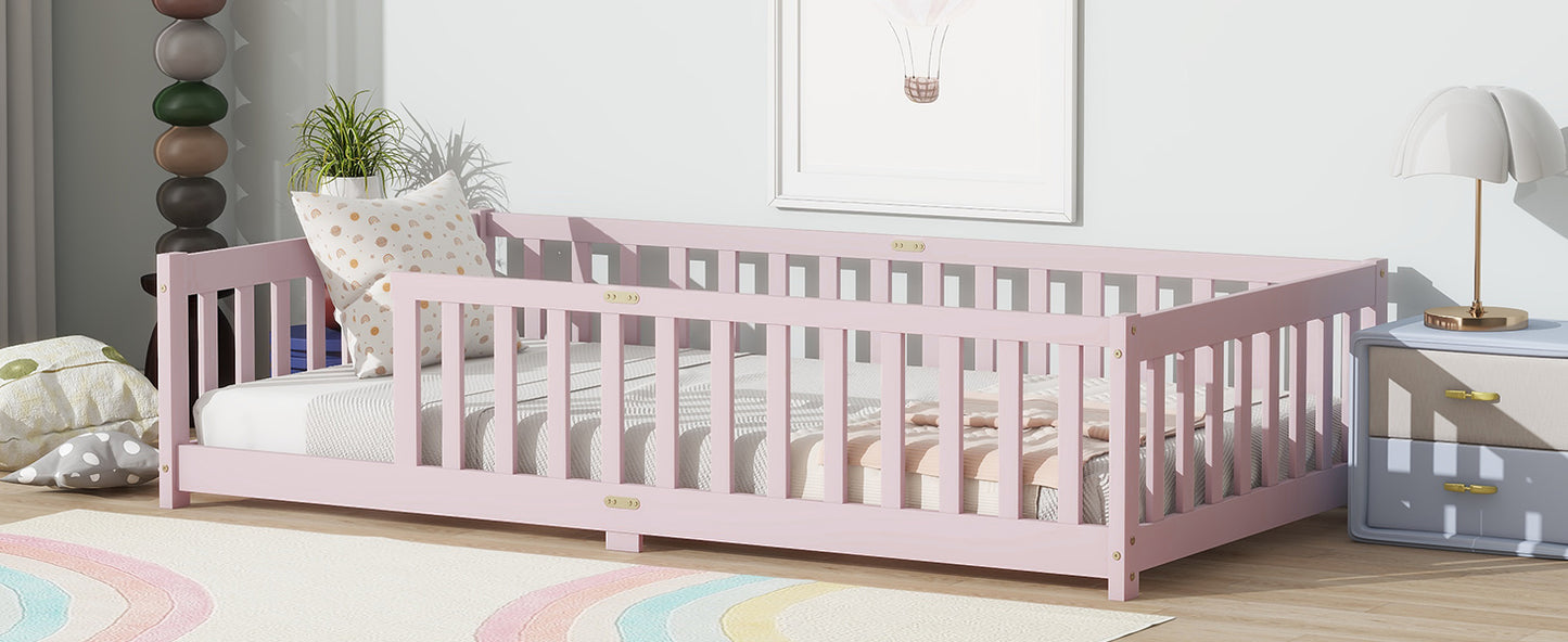 Twin Size Floor Bed with Fence without Door, Rubber Wood Floor Bed with Safety Guardrails,Pink (Old Sku W504P286399) image 7