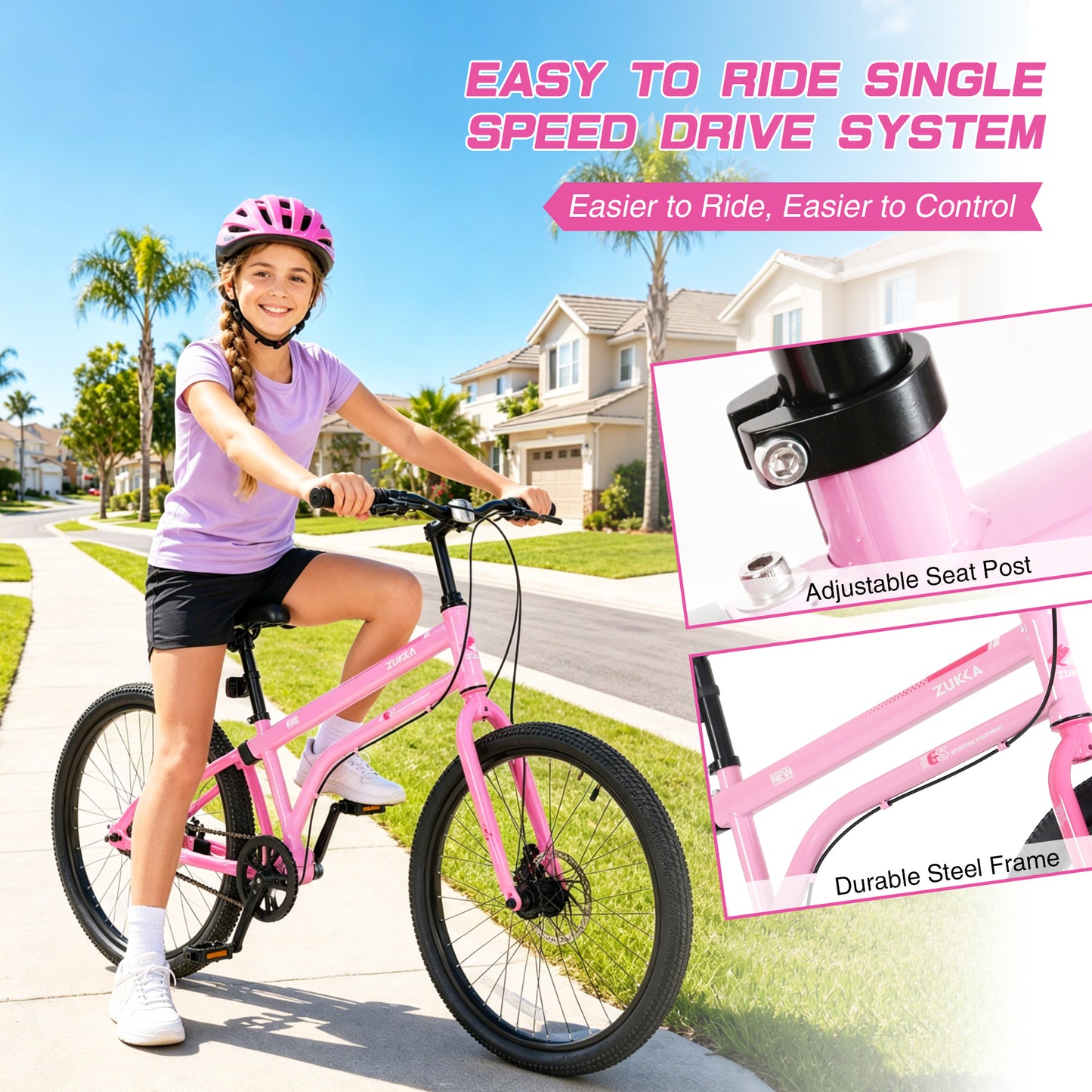 24 Inch Kids Bike for Girls & Boys Ages 10+, Single Speed Teen Bike with Dual Disc Brakes, Lightweight Steel Frame, Multiple Colors image 2