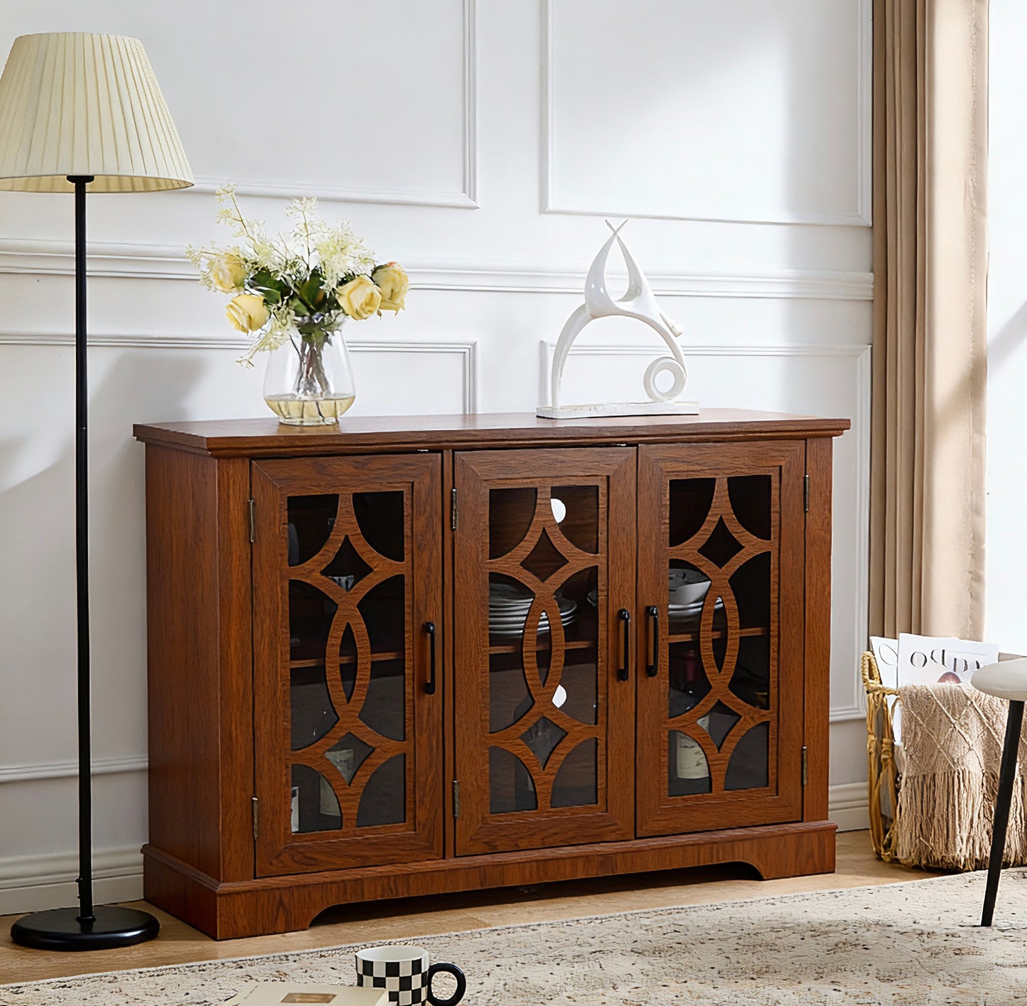 48.66" x 15.55" x 34.06" Spacious size sideboard 3 clear tempered glass doors buffet with adjustable shelf, MDF with dark OAK decorative laminates storage cabinet for dinning room, kitchen,living room image 5