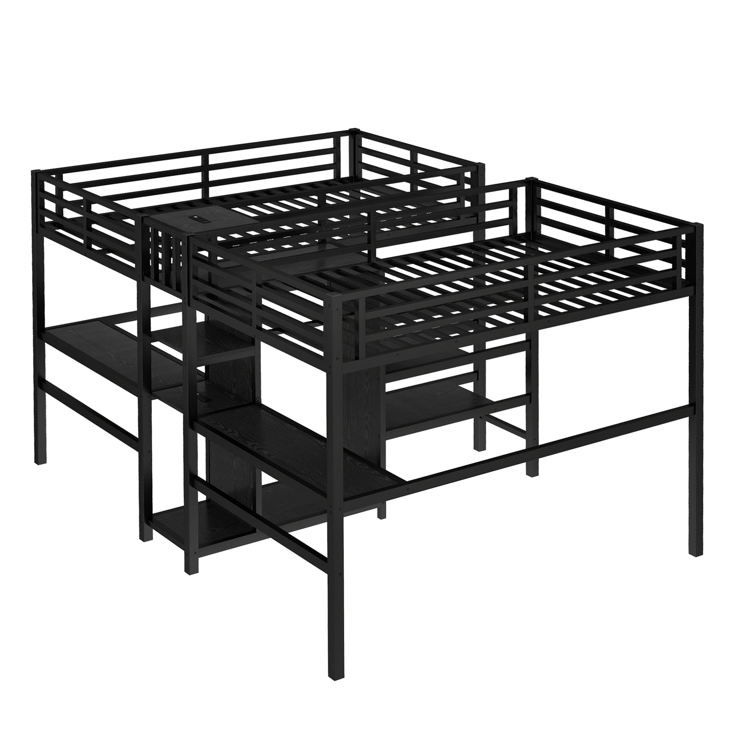 Twin Over Twin Metal Loft Bed with Double Desk and Wardrobe and Shelves with Electrical Outlet for Space Saving and Noise Reduction,Black image 9