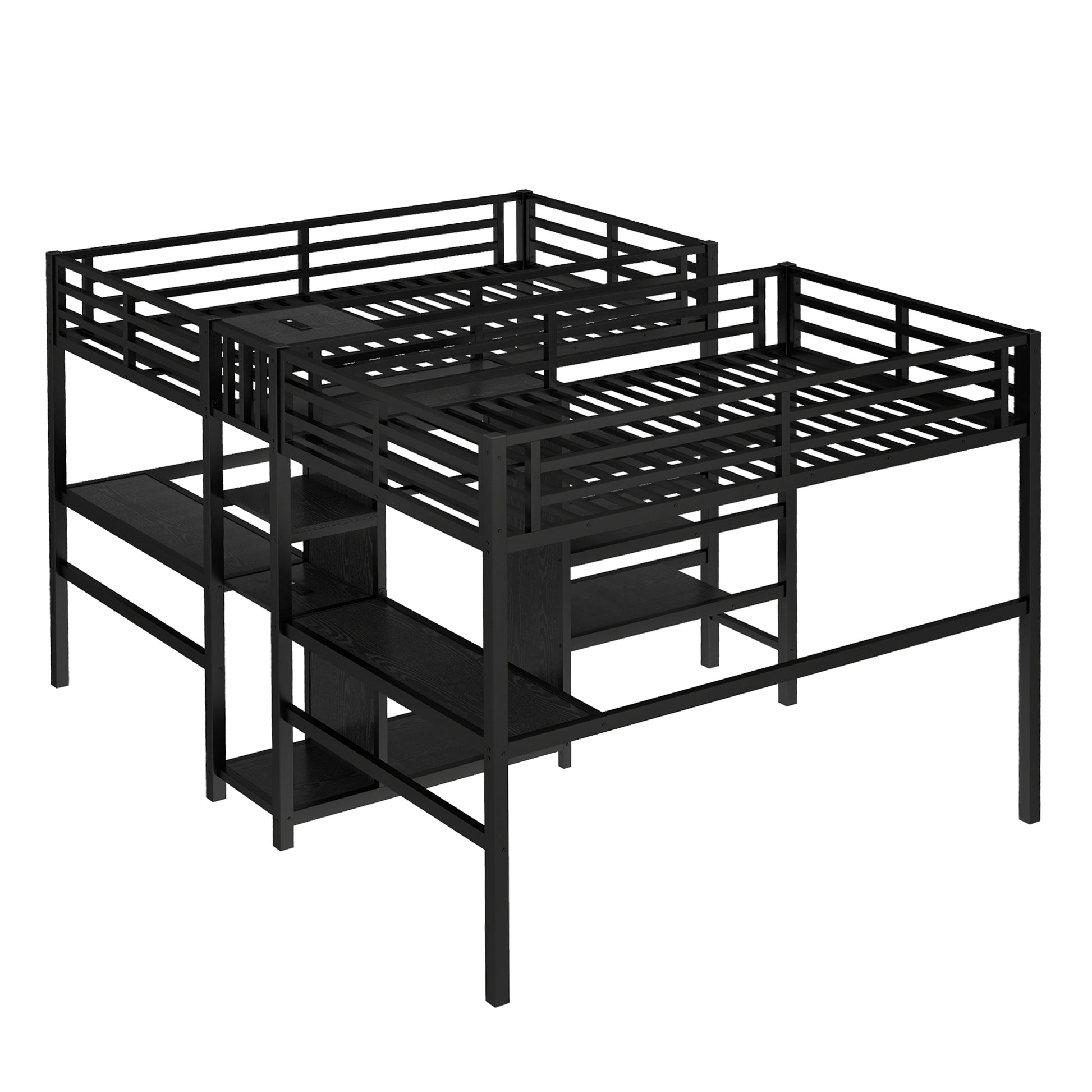 Twin Over Twin Metal Loft Bed with Double Desk and Wardrobe and Shelves with Electrical Outlet for Space Saving and Noise Reduction,Black image 9