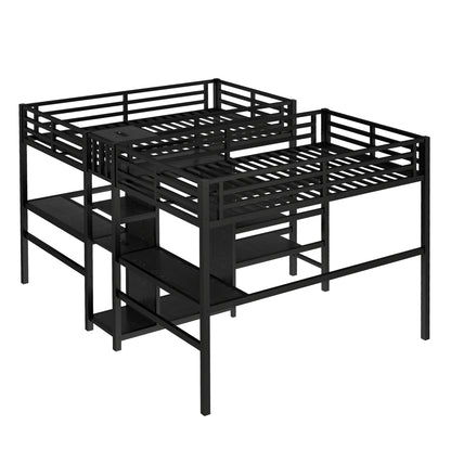 Twin Over Twin Metal Loft Bed with Double Desk and Wardrobe and Shelves with Electrical Outlet for Space Saving and Noise Reduction,Black image 9