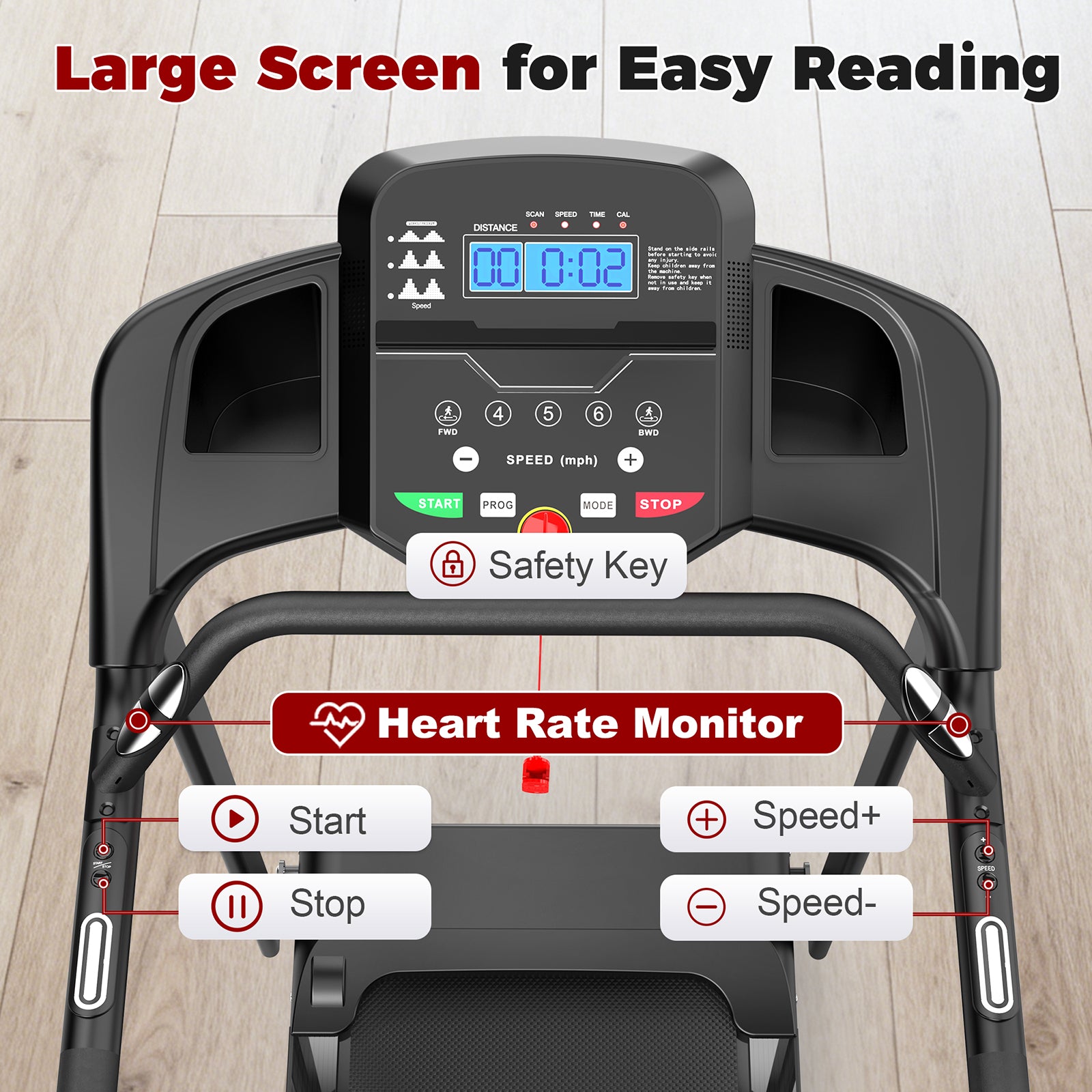 Walking Pad Treadmill for Senior, Foldable Exercise Treadmill with Stable and Safe Structural Design, Large LED Display for Elderly, Long Handrail for Balance, 300 Lbs Capacity image 5