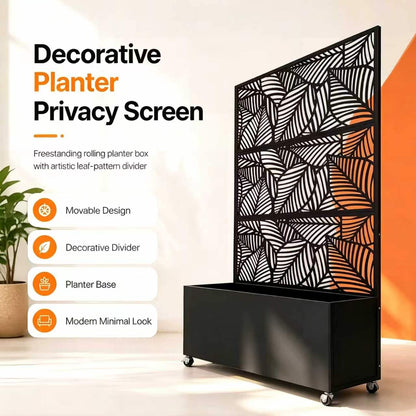 70.87" H × 46.06" W Leaf Pattern Privacy Screen with Planter Box, Black Metal Freestanding Decorative Fence Planter for Patio Balcony Backyard image 11