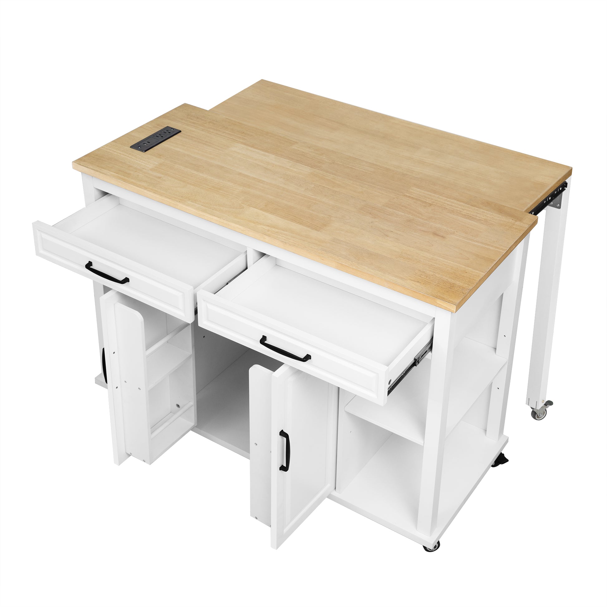 K&K 47 inch Kitchen Island with Extendable Dining Table, Rubber Wood Veneer Kitchen Table with Internal Storage Rack, Power Outlet, Kitchen island with Storage 2 Drawers 2 Cabinet,White image 10