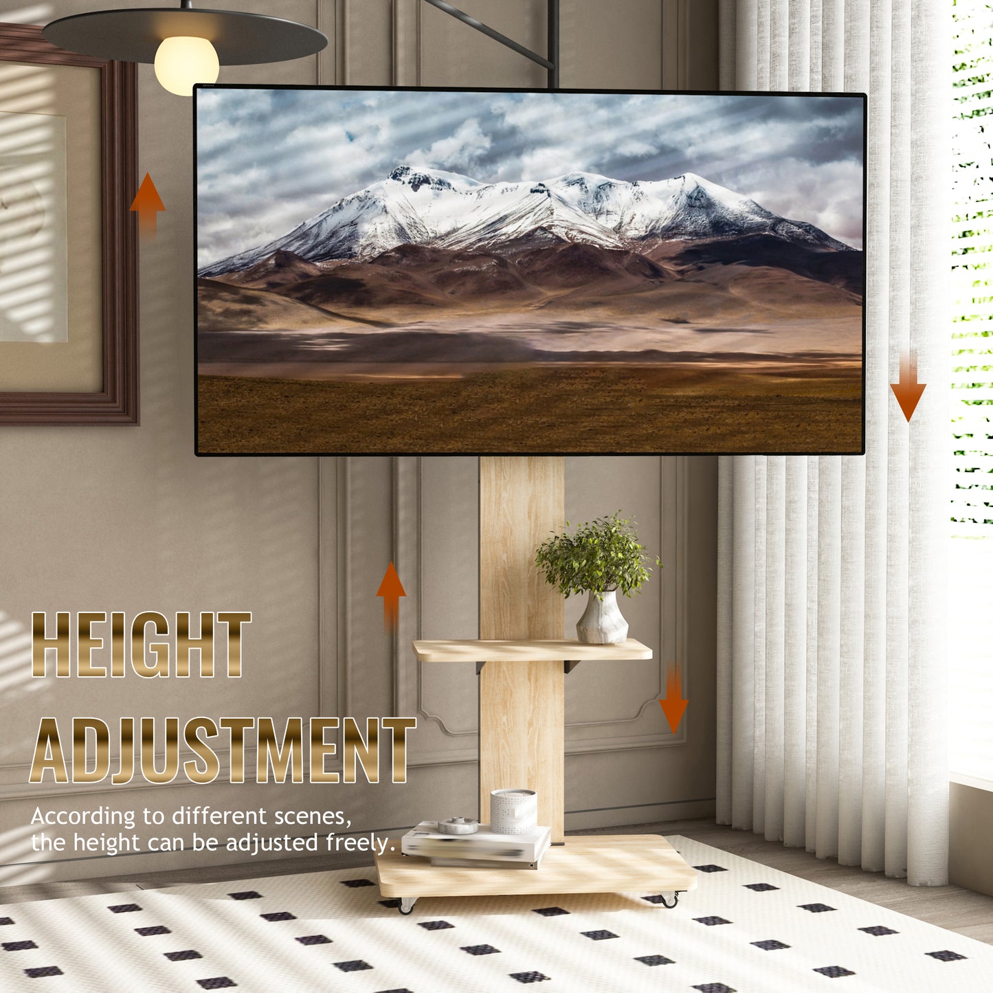 TV Stand with Shelf for Living Room, Bedroom,Offices,Mobile TV Cart for 32-75 inches,Floor Stand with Mount on Lockable Wheels,Natural image 3