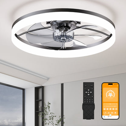 Ultra-Thin BLACK Ceiling Fan Light with Remote & App Control – 23.6'' Modern Flush Mount Fan Lamp, 6 Fan Speeds, Dimmable Brightness, 3000K-6500K Color Temperature for bedroom living room image 1