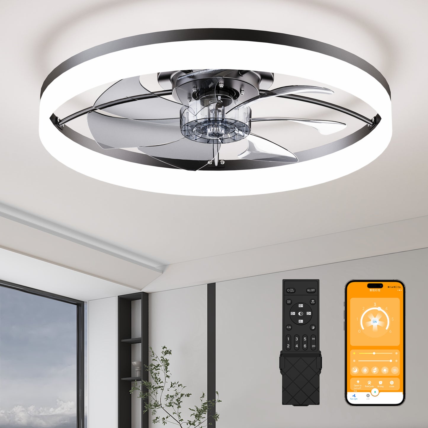 Ultra-Thin BLACK Ceiling Fan Light with Remote & App Control – 23.6'' Modern Flush Mount Fan Lamp, 6 Fan Speeds, Dimmable Brightness, 3000K-6500K Color Temperature for bedroom living room image 1