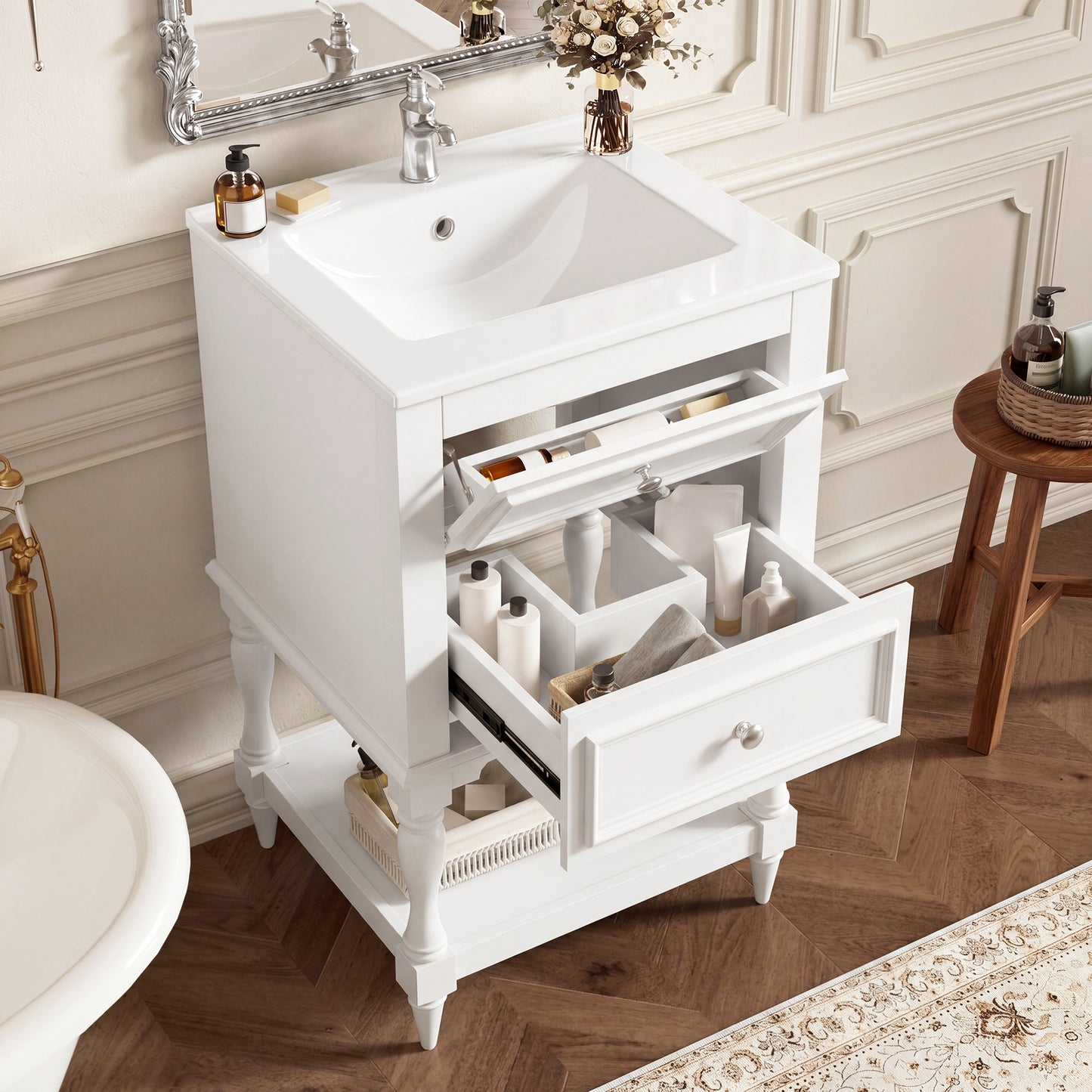 20'' Bathroom Vanity with Ceramic Sink, Bathroom Storage Cabinet with Open Shelf, Retro Design Bathroom Cabinet with 2 Drawers image 2
