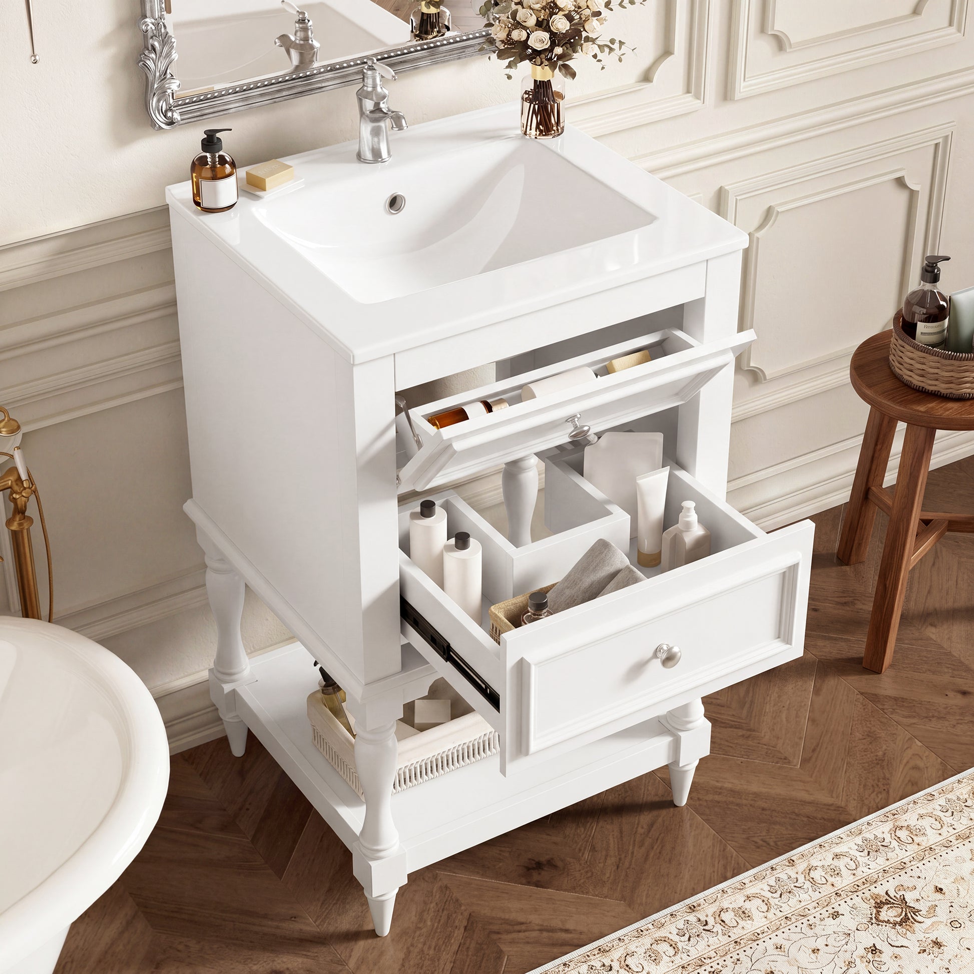20'' Bathroom Vanity with Ceramic Sink, Bathroom Storage Cabinet with Open Shelf, Retro Design Bathroom Cabinet with 2 Drawers image 2