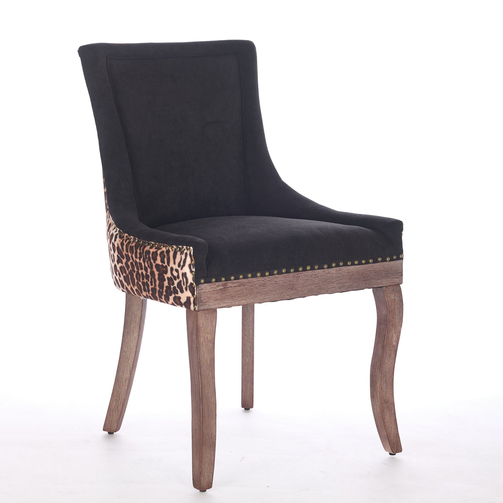A&A Furniture,Ultra Side Dining Chair, Thickened fabric chairs with neutrally toned solid wood legs, Bronze nail head, Set of 2,Leopard Print image 3