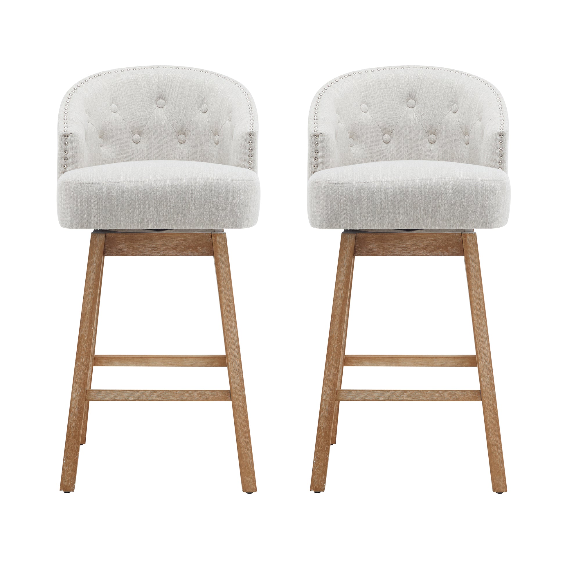 33.25" Swivel Counter Stools Set of 2, Upholstered Counter Height Bar Stools with Solid Rubber Wood Frame, Backrest, Footrest, Armless Barstools for Home Bar, Kitchen Counter, Natural + Beige image 5