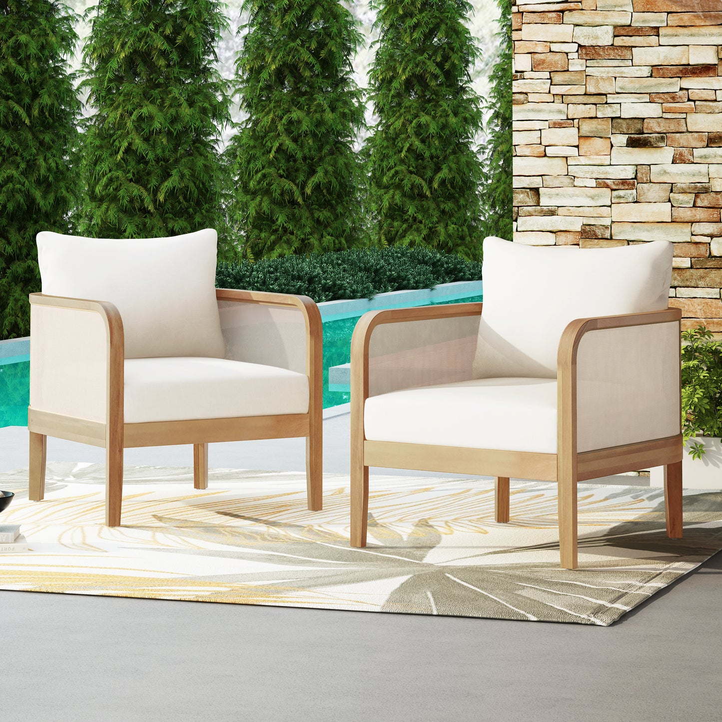 (Set of 2) Outdoor Acacia Wood Patio Club Chair, Textilene Patio Furniture,Waterproof Thick Cushion Deep Seating for Porch, Garden, Backyard, Balcony, Weight Capacity 400lbs, Light Teak Finish, Beige image 3