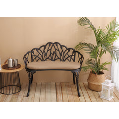 Tulip Patio Garden Bench Metal Park Bench Cast Aluminum Outdoor Furniture with Floral Rose for Patio,Park,Lawn,YardBlack withe cushion